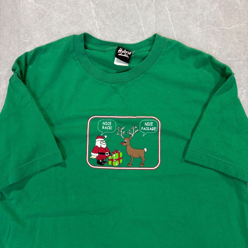 Hybrid Tees Mens Green Funny Christmas Santa Reindeer Graphic T-Shirt Large
